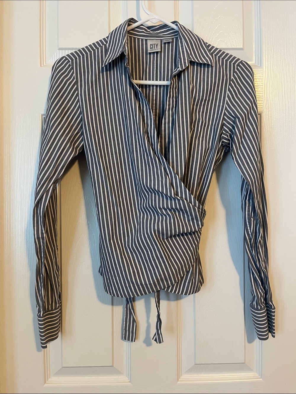 DKNY Gray and White Striped Wrap-Front Button Down Shirt